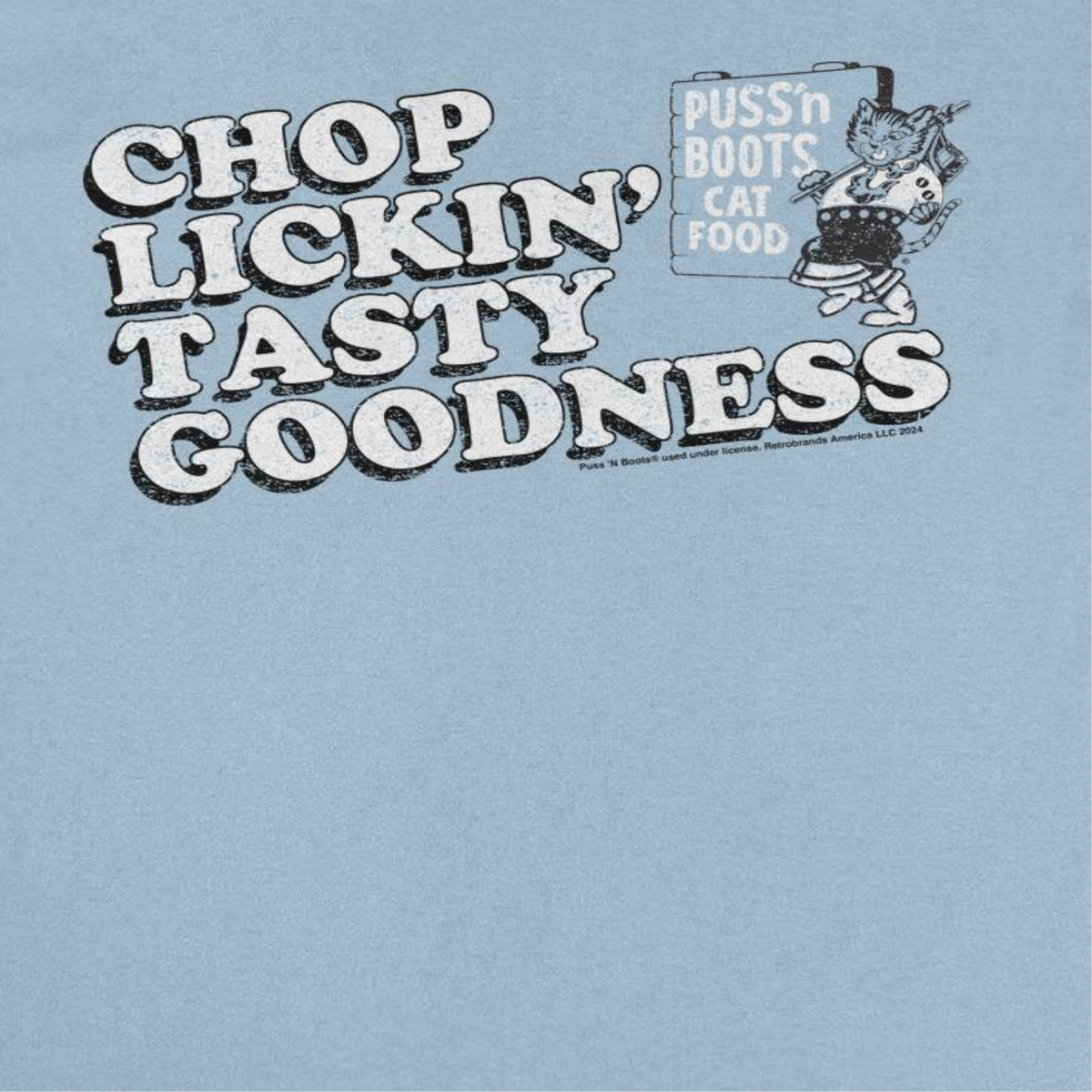 Puss n Boots Retro Cat Food Chop Lickin Light Blue T-Shirt, view 2